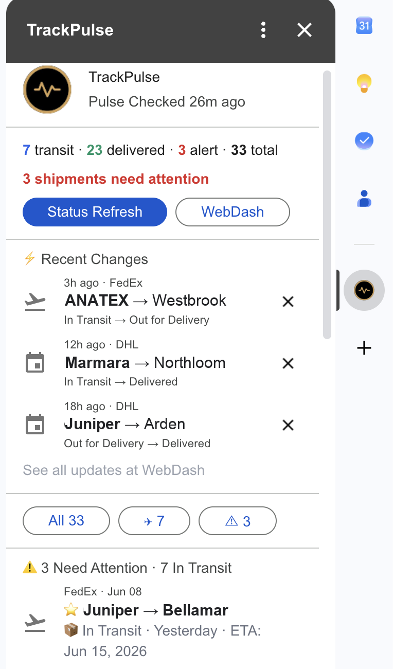 TrackPulse sidebar inside Gmail next to the Calendar, Keep, Tasks, and Contacts icons